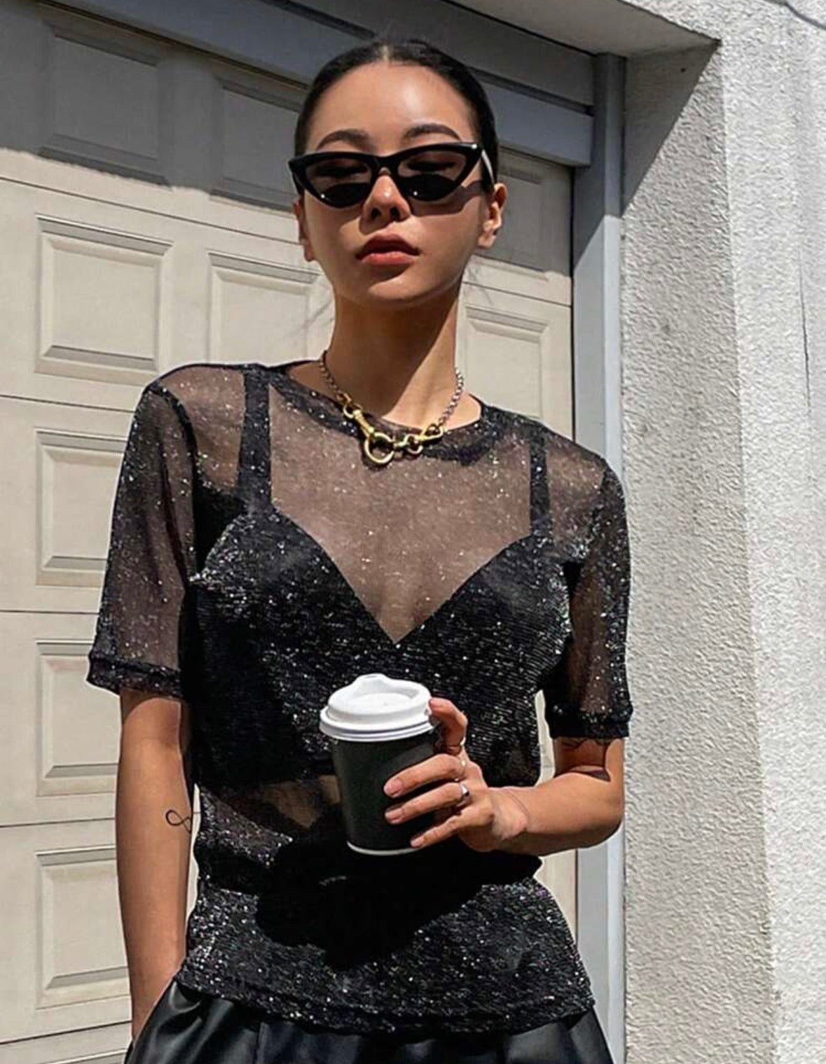 Top Mesh Glitter Manga Corta