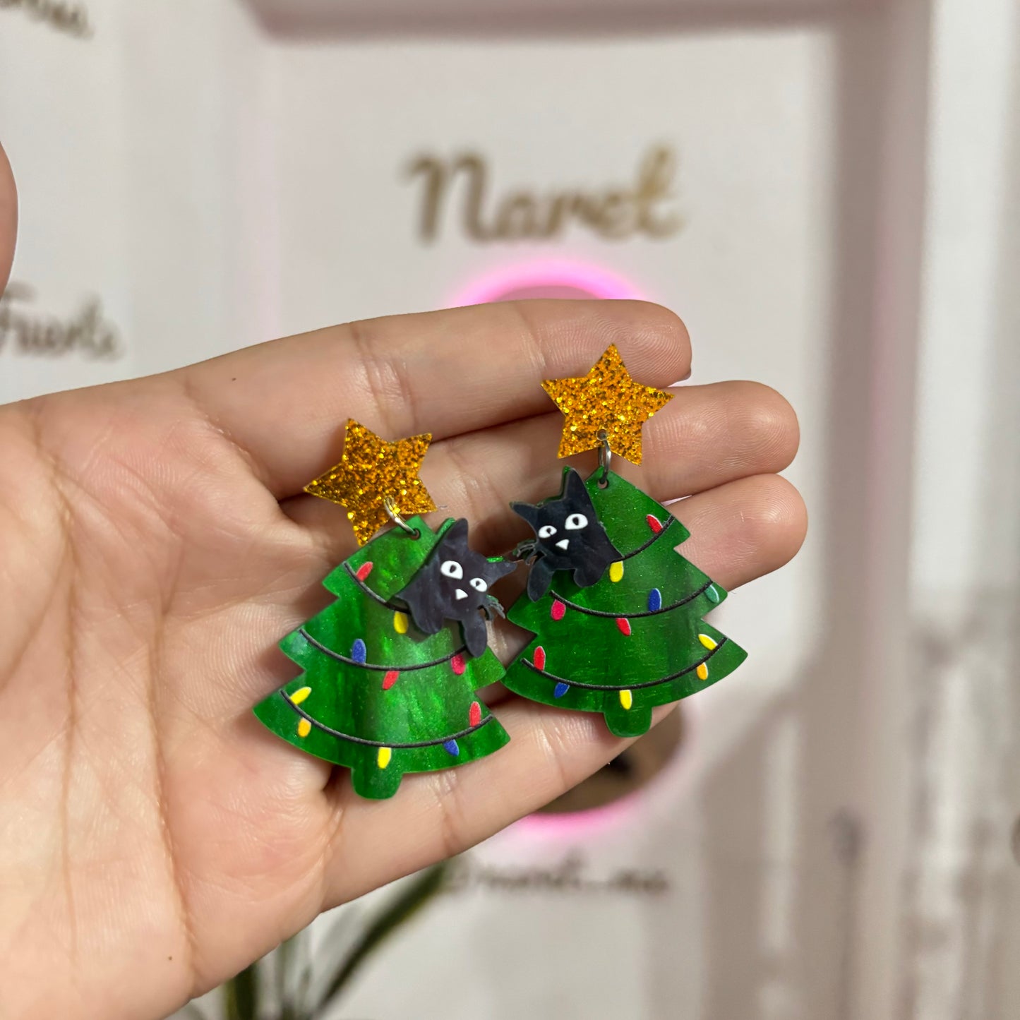 Aretes Árbol Navidad y Gato Acrílico