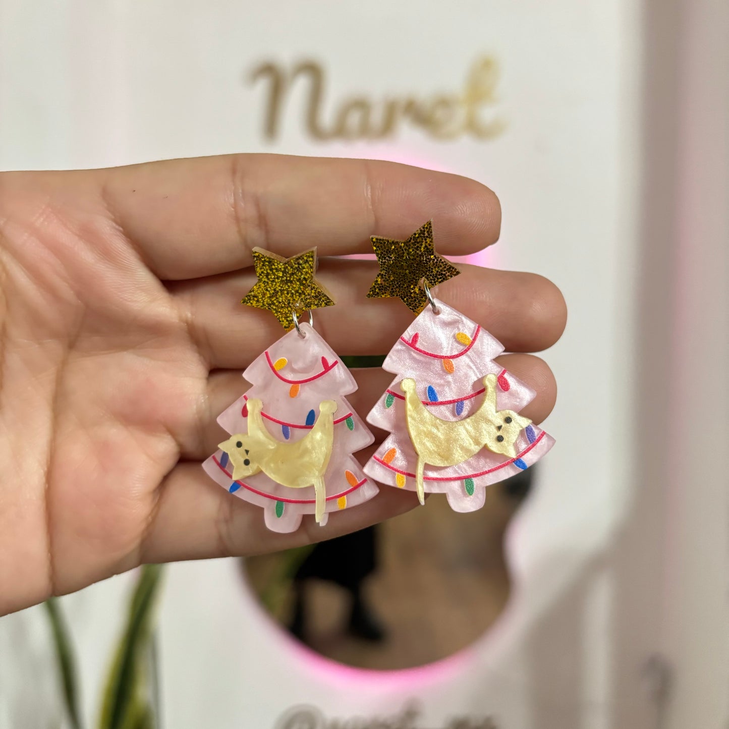 Aretes Árbol Navidad y Gato Acrílico