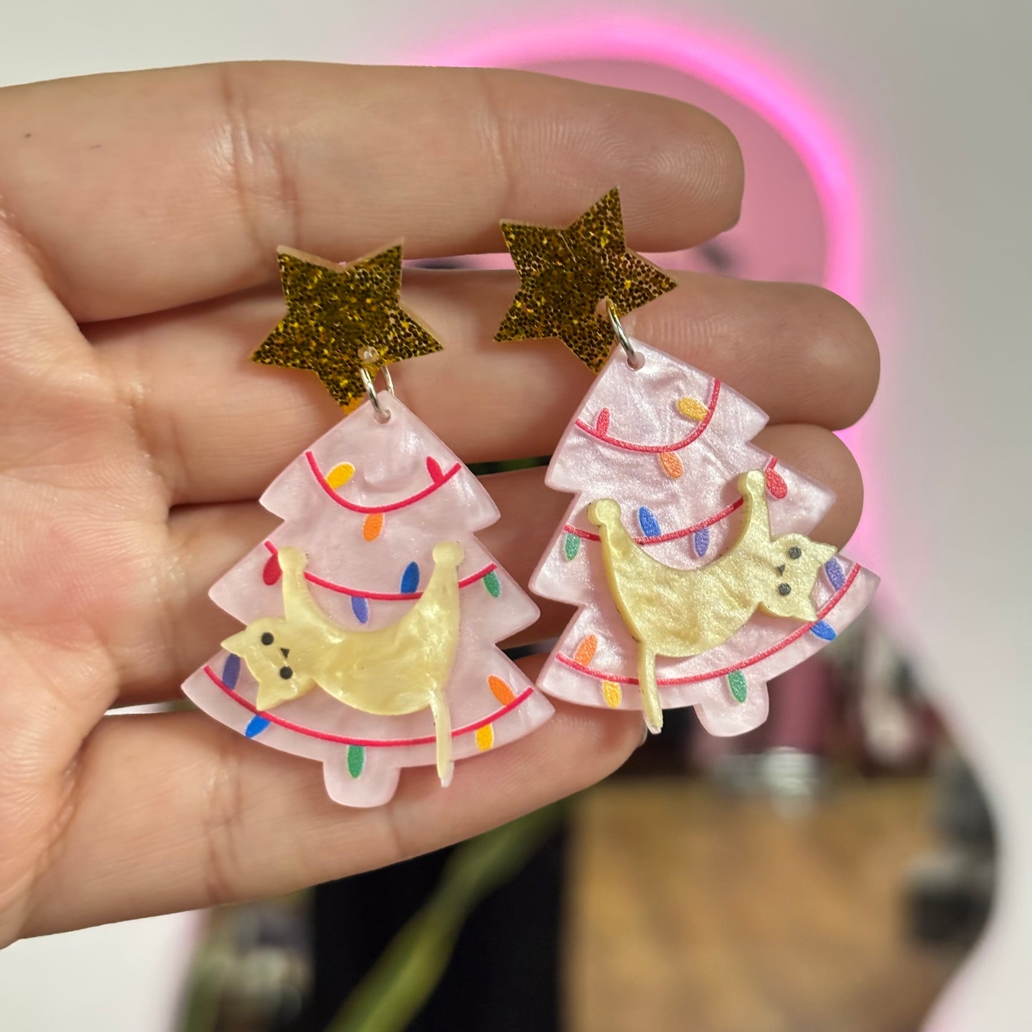 Aretes Árbol Navidad y Gato Acrílico