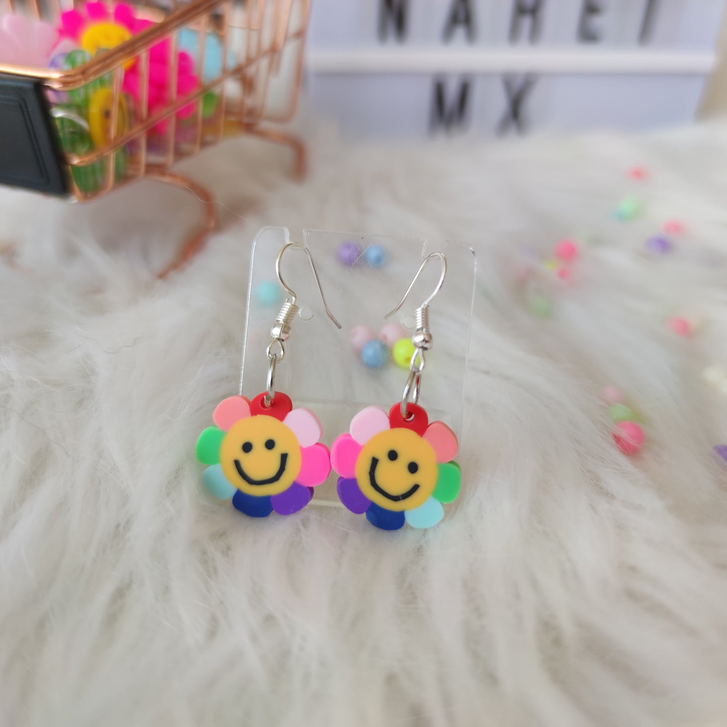 Aretes Fimo Flor Arcoiris