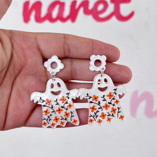 Aretes Fantasma Flores Naranjas Acrílico