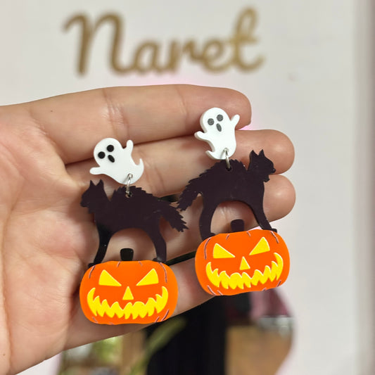 Aretes Calabaza y Gato Acrílico