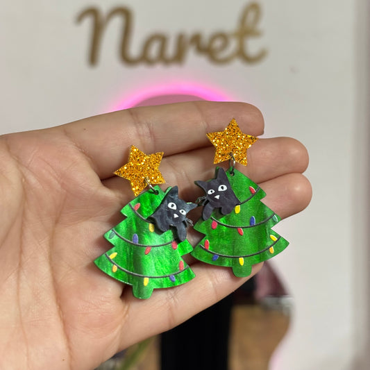Aretes Árbol Navidad y Gato Acrílico